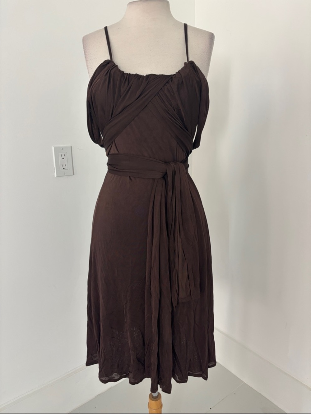 Valentino Brown Draped Spaghetti-Strap Midi Dress #222